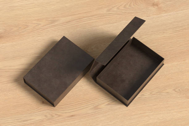 istock Leather opened and closed rectangle folding gift box mock up on wooden background. View above. 1342354040