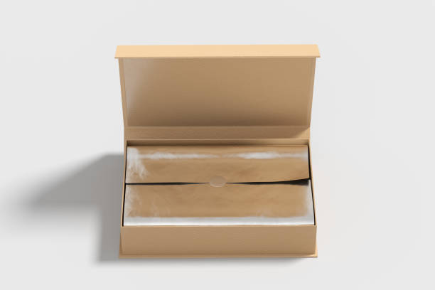 istock Leather opened rectangle folding gift box mock up with silver wrapping paper on white background. Front view. 1342354079