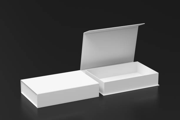 istock White opened and closed rectangle folding gift box mock up on black background. Side view. 1342354146