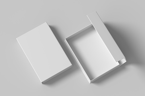 Caja de regalo plegable rectangular blanca abierta y cerrada sobre fondo blanco. Ver arriba. photo