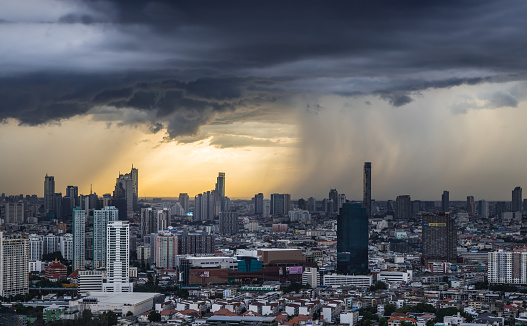 Bangkok, thailand - Jul 29, 2020 : Beautiful city view of Bangkok Before the rain at sunset creates relaxing feeling for the rest of the day. Selective focus.