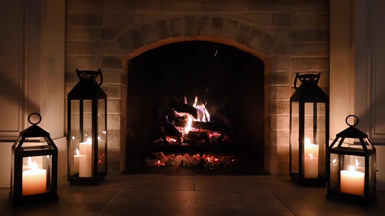 4K fireplace at night