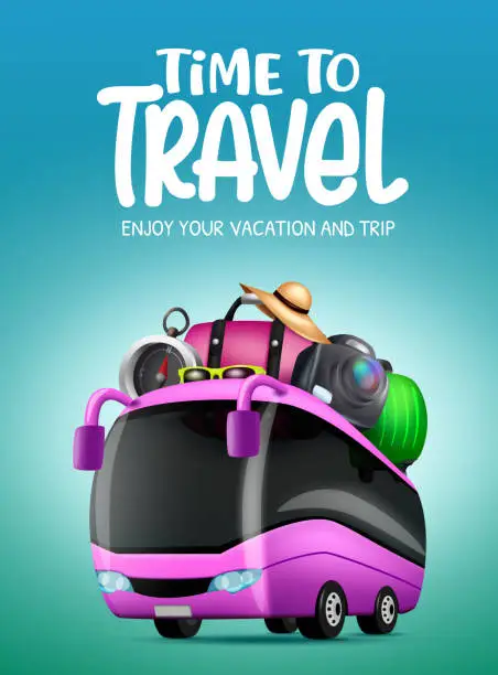 Vector illustration of Travel time vector design. Time to travel text with bus transportation vehicle, luggage bag and compass tour elements for fun and enjoy vacation trip.