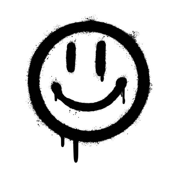 ilustrações, clipart, desenhos animados e ícones de grafite sorrindo rosto emoticon pulverizado isolado em fundo branco. ilustração vetorial. - graffiti