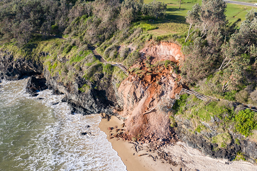 Aerial view of landslide on coastal walking path at Oxley Beach in Port Macquarie NSW Australia. This damage occurred during some of the largest flooding recorded in the area.
