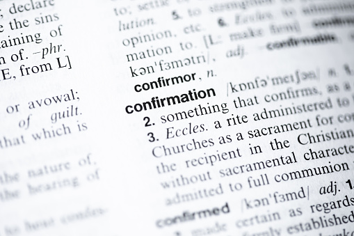 Confirmation printed in an English dictionary