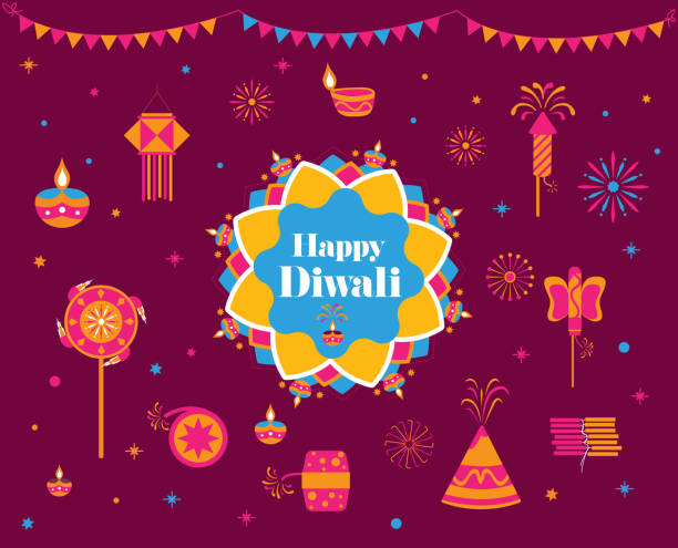 illustrations, cliparts, dessins animés et icônes de diwali hindu festival plat éléments modernes vecteur et jeu d’icônes pour les modèles de conception graphique et web - diwali illustrations
