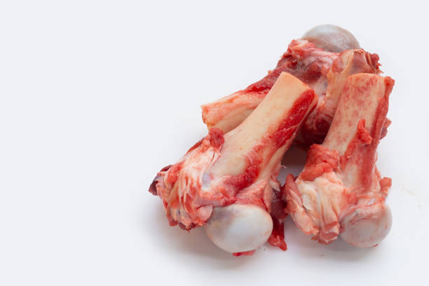 Raw pig bone in white bowl on white background.