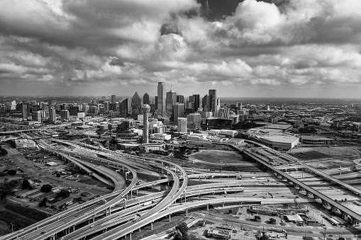 The beautiful modern skyline of Dallas, Texas shot aerially from an altitude of about 800 feet.