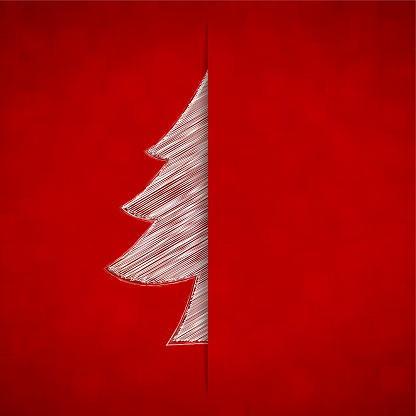 A vector illustration of a creative bright red color xmas background with one half visible creative royal christmas tree being inserted in a slit