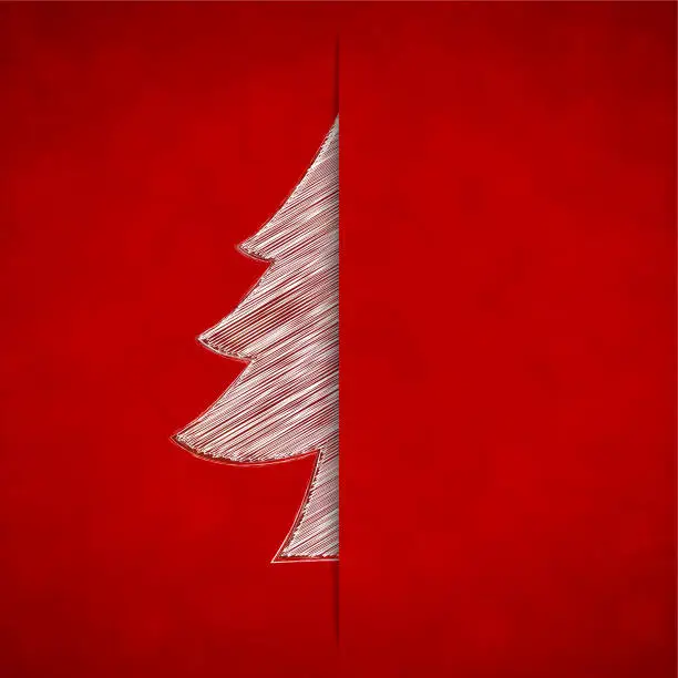 Vector illustration of A vector illustration of a creative bright red color xmas background with one half visible creative royal christmas tree being inserted in a slit