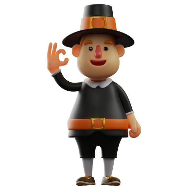 istock Thanksgiving Pilgrim Man Cartoon Illustration with Ok Finger 1342379134