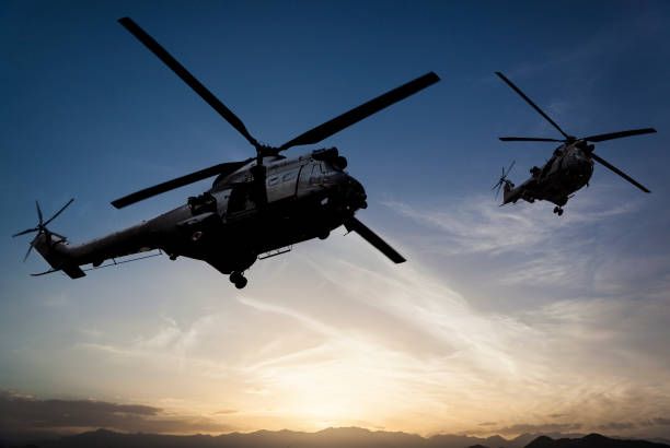 Puma Military helicopters flying at sunset stock photo