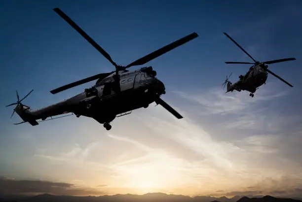 Puma Military helicopters flying at sunset