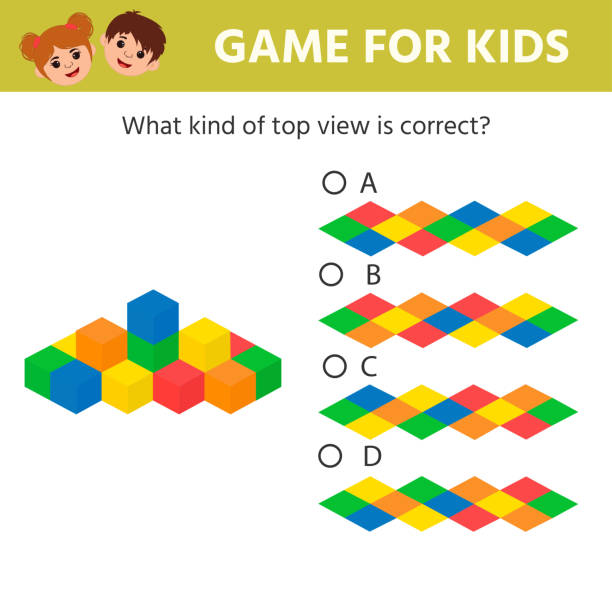 Education logic game for preschool kids. Kids activity sheet. What a top view does the tower of cubes have. Children funny riddle entertainment. Vector illustration riddle stock illustrations