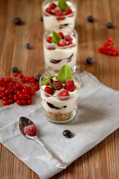 istock Healthy breakfast with yogurt and granola. Top view 1342380894