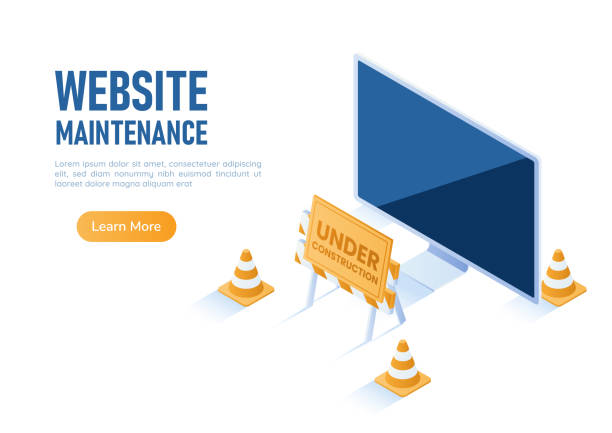 ilustrações de stock, clip art, desenhos animados e ícones de isometric web banner pc monitor with under construction barrier and traffic cones - construction industry business warning symbol