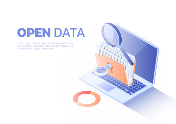 노트북 모니터에 파일 및 돋보기와 isometric 웹 배너 키 잠금 해제 폴더 - backgrounds business text key stock illustrations