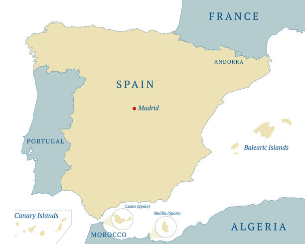 Map Spanish State with Balearic Islands, Canary Islands, the two autonomous cities, Ceuta and Melilla, national borders and capital Madrid. Vector illustration isolated on white background Map Spanish State with Balearic Islands, Canary Islands, the two autonomous cities, Ceuta and Melilla, national borders and capital Madrid. Vector illustration isolated on white background. English labeling ceuta map stock illustrations