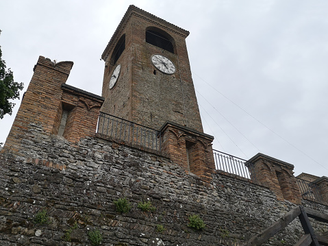 Medieval clock tower  at the old town of Castelvetro di Modena, Modena province, Emilia Romagna.