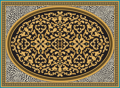 Vector carpet print on a beige leopard skin background. Fashionable pattern from elliptical gold frieze, Greek key pattern, meander border, turquiose. Oval black rosette with Baroque golden scrolls