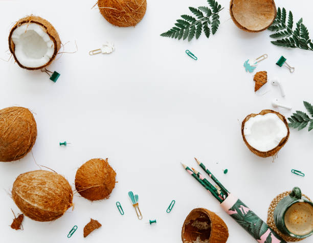 Flat lay coconuts on white background, office supplies stock photo