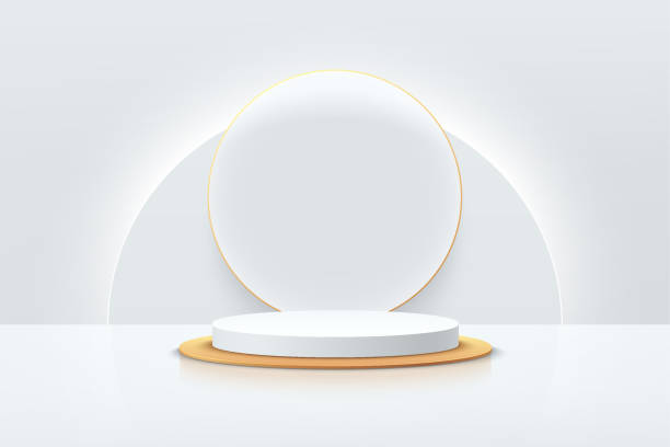 istock White and Gold luxury geometric pedestal podium with glowing semi circle backdrop. Vector abstract studio room with 3D platform design. Minimal scene for cosmetic products. Showcase, Promotion display 1342396250