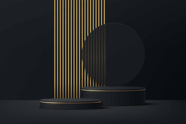 Black and Gold geometric pedestal podium with luxury golden pillar and circle backdrop. Vector abstract studio room with 3D platform. Minimal scene for cosmetic products. Showcase, Promotion display. Black and Gold geometric pedestal podium with luxury golden pillar and circle backdrop. Vector abstract studio room with 3D platform. Minimal scene for cosmetic products. Showcase, Promotion display. podium stock illustrations
