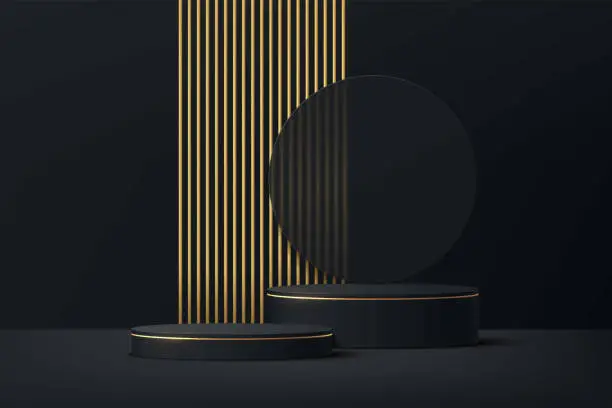 Vector illustration of Black and Gold geometric pedestal podium with luxury golden pillar and circle backdrop. Vector abstract studio room with 3D platform. Minimal scene for cosmetic products. Showcase, Promotion display.