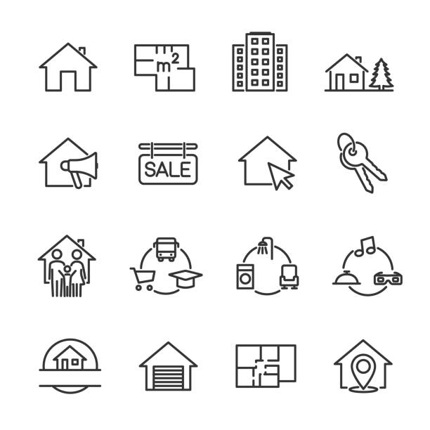 ilustrações de stock, clip art, desenhos animados e ícones de vector set of real estate line icons. - key mortgage house housing development