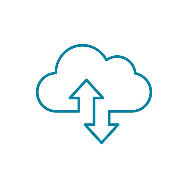 ilustraciones, imágenes clip art, dibujos animados e iconos de stock de icono de línea azul de computación en la nube. nube con dos flechas. concepto de copia de seguridad de datos en línea. - almacenamiento en nube