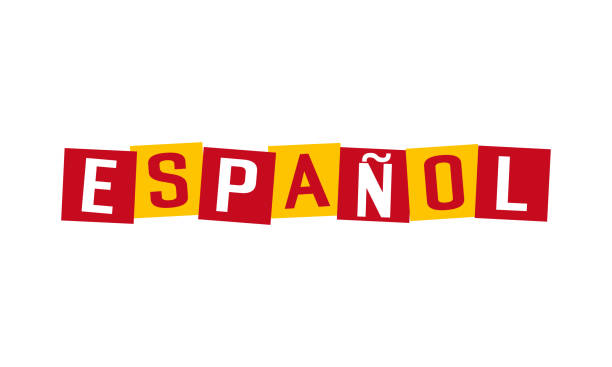 ilustrações, clipart, desenhos animados e ícones de espanol - espanhol escrito em língua nacional, personagens em quadrados irregulares pintados em cores de bandeira espanhola - spanish culture teacher learning text