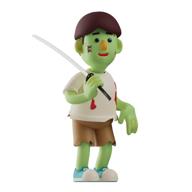 istock Zombie 3D Cartoon Illustration holding a sword 1342401796