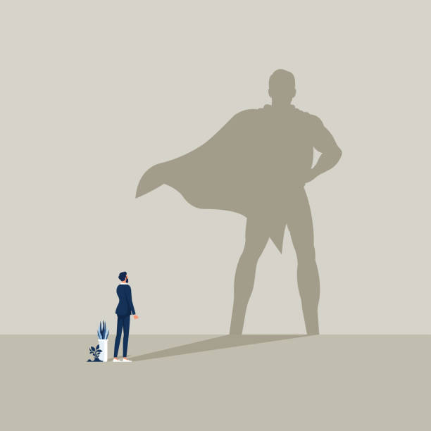Ambition and business success vector concept Businessman with superhero shadow, Ambition and business success vector concept, Leadership super hero in business, motivation leader superhero illustration focus on shadow stock illustrations