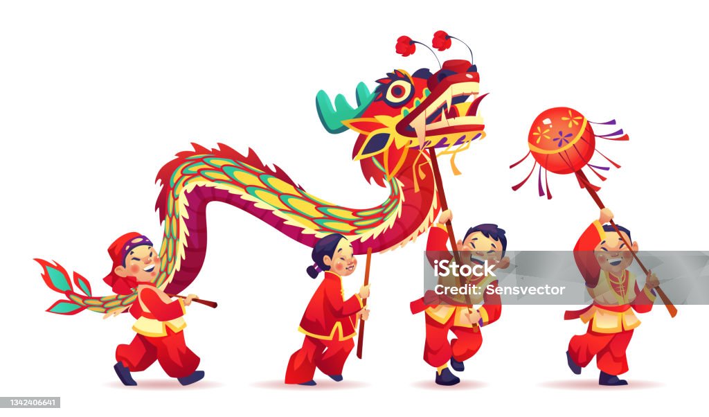 Cnyパレードの人々は白い上に孤立した紙のドラゴンで踊りますベクター旧正月のお祝い伝統的な衣装を着た人々が全国アジアの祭りを祝い伝統的なダンス