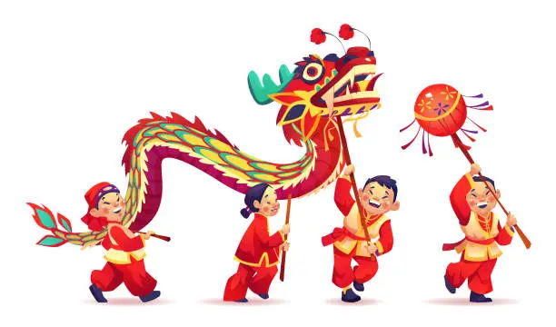 Vector illustration of CNY parade people dance with paper dragon isolated on white. Vector Chinese New Year celebration, people in traditional costumes celebrate national asian festival, performing traditional dance