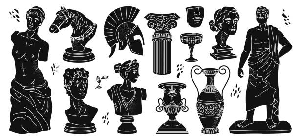 ilustrações de stock, clip art, desenhos animados e ícones de ancient greek marble statues, vase and helmet, horse and aphrodite, columns and olive oil branches isolated icons silhouettes set. vector greece and roman culture symbols mythical man and woman - sculpture art greek culture statue
