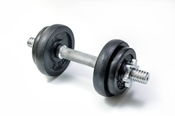 istock Black metal dumbbell on white 1342406850