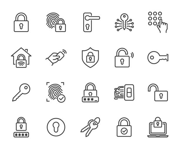 wektorowy zestaw ikon linii blokady. zawiera ikony klucz, kod pin, dziurkę od klucza, inteligentny dom, hasło, klamkę, kluczyki samochodowe, odcisk palca i inne. piksel idealny. - lock stock illustrations