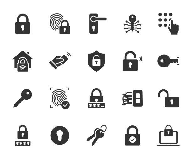 vektorsatz von schloss-flat-symbolen. enthält symbole schlüssel, pin-code, schlüsselloch, smart home, passwort, türgriff, autoschlüssel, fingerabdruck und mehr. pixel perfekt. - combination lock illustrations stock-grafiken, -clipart, -cartoons und -symbole