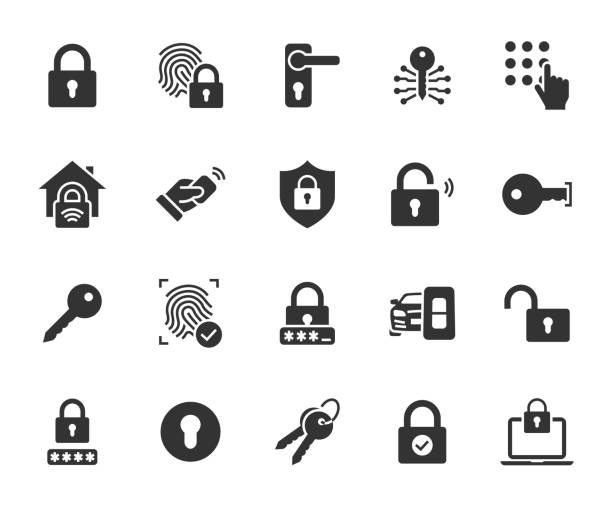 Vector set of lock flat icons. Contains icons key, pin code, keyhole, smart home, password, door handle, car keys, fingerprint and more. Pixel perfect. Vector set of lock flat icons. Contains icons key, pin code, keyhole, smart home, password, door handle, car keys, fingerprint and more. Pixel perfect. internet silhouettes stock illustrations