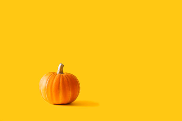 istock Beautiful orange pumpkin against yellow background 1342411534