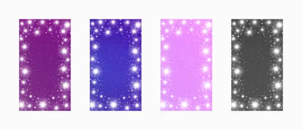 Vector illustration of Christmas Backgrounds. New Year templates with place for text. Magical sparkling frame with shining twinkling stars. Glowing particles on purple, blue, pink and black. Vertical screen format