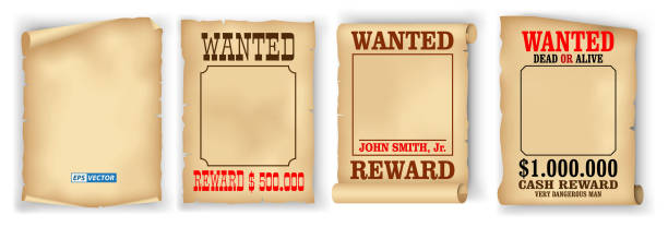 set of realistic wanted poster isolated or vintage scroll parchment manuscripts or grunge old paper brown poster template. eps vector set of realistic wanted poster isolated or vintage scroll parchment manuscripts or grunge old paper brown poster template. eps vector wanted poster illustrations stock illustrations