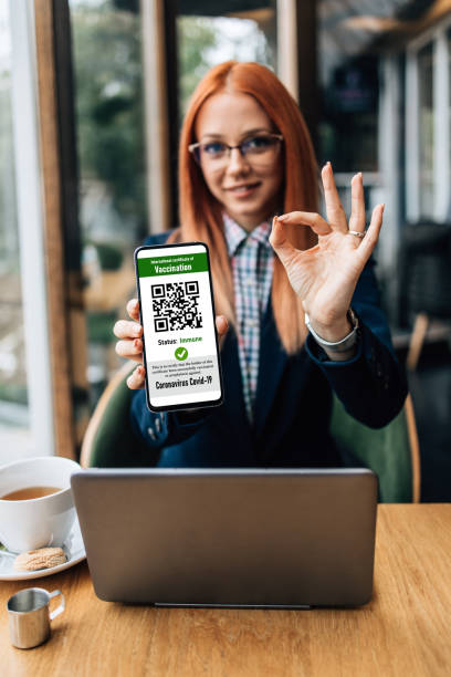 istock Young woman showing Coronavirus electronic pass 1342413327