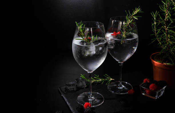 two gin tonc with berry and rosemary on a balck background stock photo