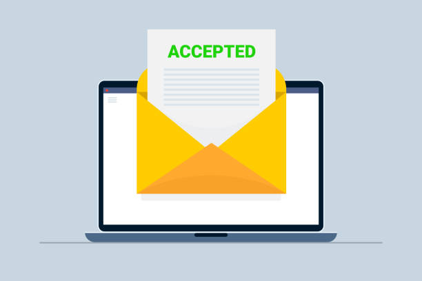 Acceptance letter with open document on laptop screen. Positive answer in college, university or at work. Acceptance letter with open document on laptop screen. Positive answer in college, university or at work. college acceptance letter stock illustrations