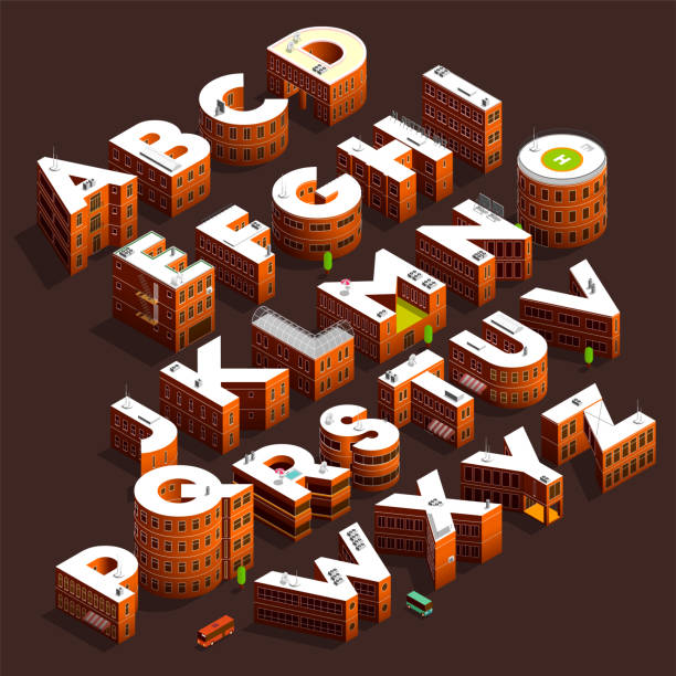 alphabet city building shaped letters - 30° isometric projection 3d city street stock illustrations