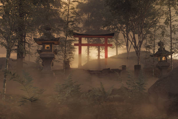 3d rendering of an old japanese shrine with torii gate and stone lantern in the evening light stock photo