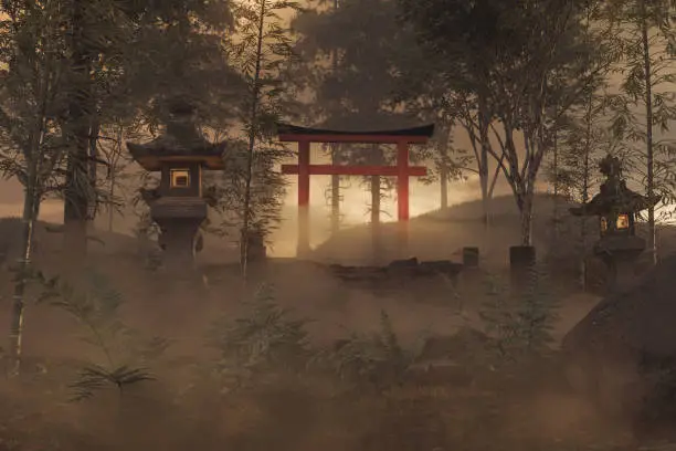 Photo of 3d rendering of an old japanese shrine with torii gate and stone lantern in the evening light